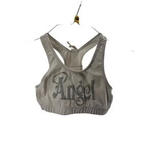 Girls White Silver Glitter Angel Graphic Racerback Sports Bra Youth Size Medium